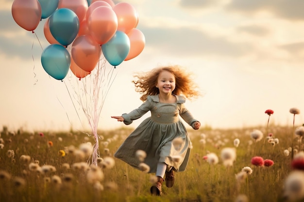 Urocza młoda dziewczyna biegająca po polu z balonami Generacyjna sztuczna inteligencja