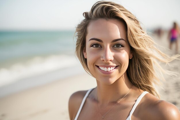Urocza młoda szczęśliwa kobieta na plaży patrząc na aparat Koncepcja wakacji Generative AI