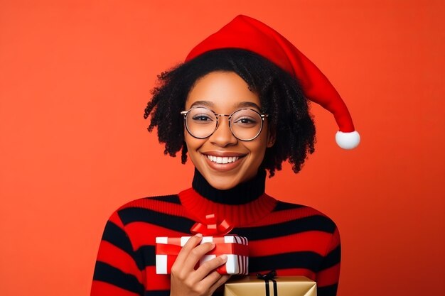Urocza, modna hipsterska czarna kobieta jest gotowa na świąteczne czapki Mikołaja