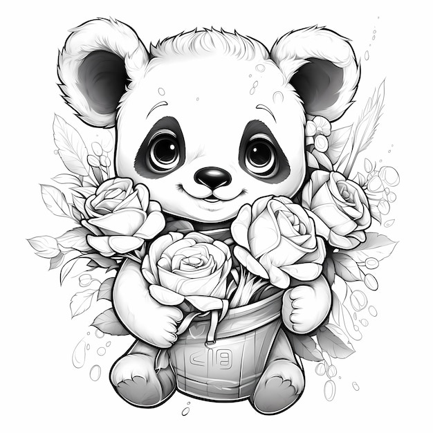 Urocza panda trzymająca garść róż w czerni i bieli dla dzieci.
