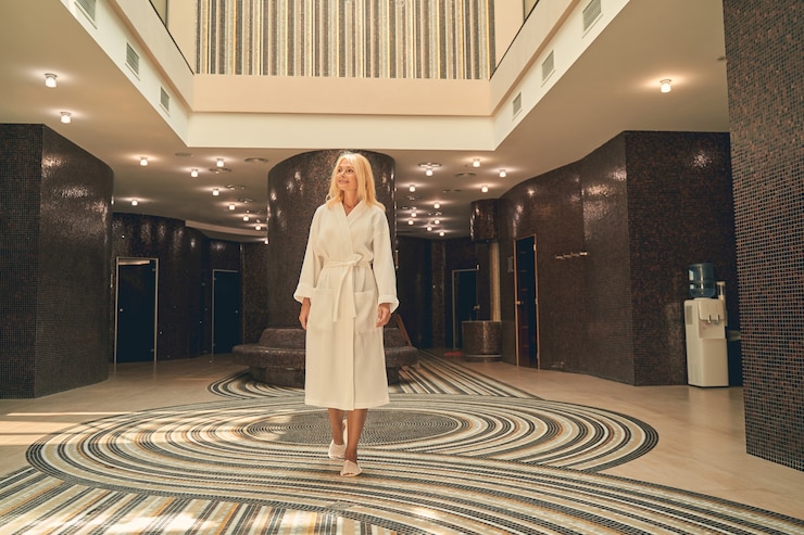 Zdjęcie urocza pani idąca na zabieg spa przez dużą brązową salę