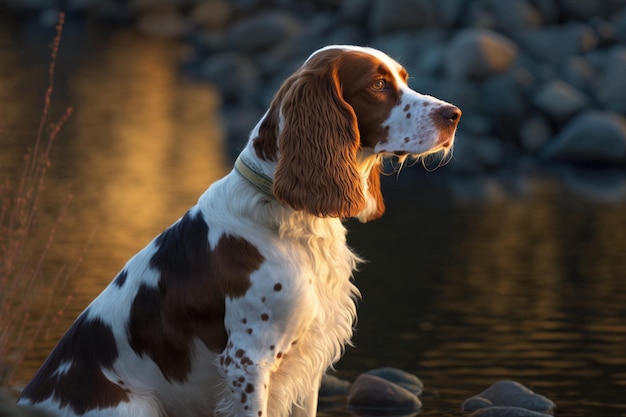 Urocza rasa psa springer spaniel walijski wieczorem