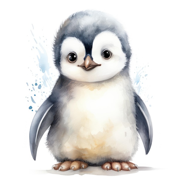 Urocza ręcznie malowana akwarela Baby Penguin Clipart na białym tle AI Generated