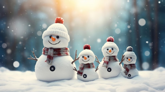 Urocza rodzina bałwanów świętująca święta Bożego Narodzenia na śnieżnym tle wygenerowana przez AI