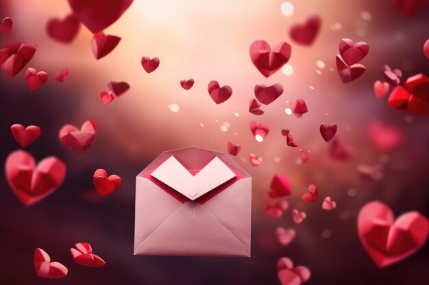 Urocza różowa koperta z wybitnym czerwonym emblematem serca na przedniej stronie na tle Walentynek z balonami w kształcie serca AI Generated