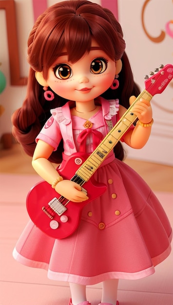 Urocza różowa lalka grająca na gitarze