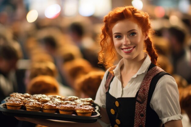 Urocza rudowłosa kelnerka z tacą przekąsek na Oktoberfest