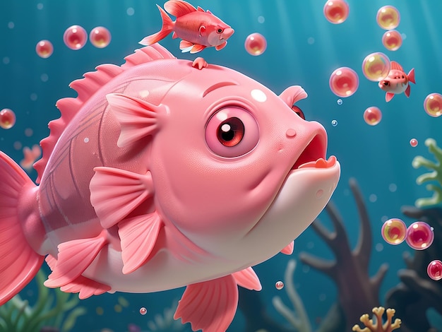 Urocza rybka z dużymi oczami w różowym nosie i czerwonym ogonem jest otoczona bąbelkami