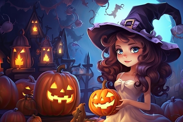 urocza scena halloween z duchem czarownica candy piękny generatywny styl kreskówki ai