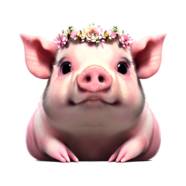 urocza świnia z piękną koroną kwiatową