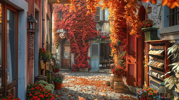 Zdjęcie urocza wąska ulica z kolorowymi jesiennymi liśćmi i kwiatami tradycyjna europejska architektura z drewnianymi okiennicami i brukowanym chodnikiem