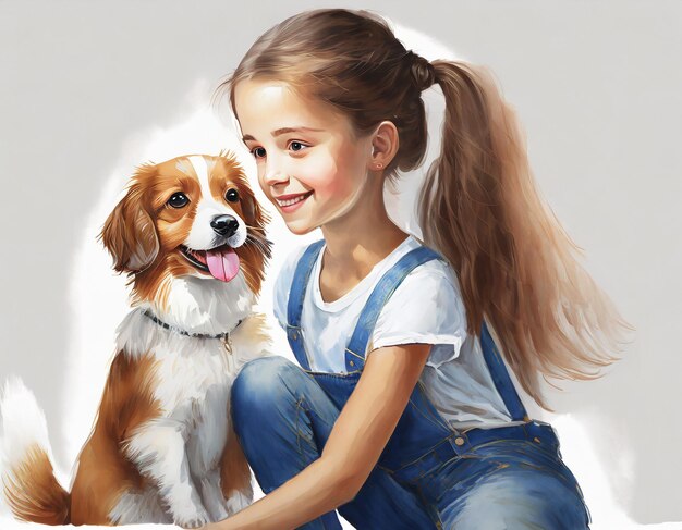 urocza zwierzęca dziewczyna i pies artystyczna ilustracja na białym tle