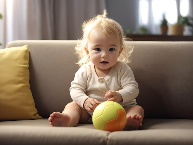 Urocze blond dziecko bawi się piłką, siedząc na sofie