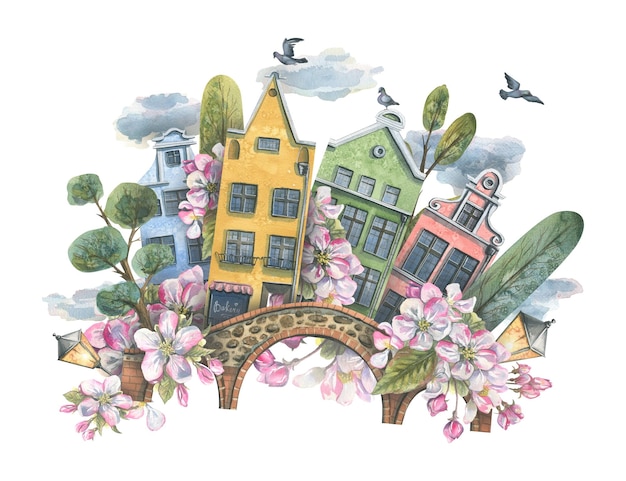 Urocze domy z drzewami most latarnia gołąb chmury i kwiaty jabłoni Akwarela ilustracja Wiosenna kompozycja z kolekcji DOMY EUROPEJSKIE Na tapetę z tkaniny