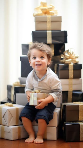 Zdjęcie urocze dziecko stojące przed wysokim stosem pudełek z prezentami gotowe do otwarcia ich wszystkich