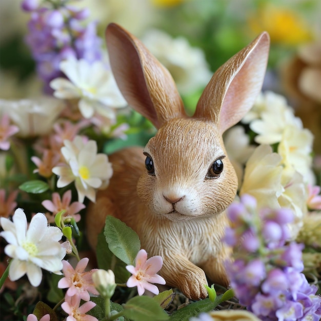 Zdjęcie urocze figurki królików wśród świeżych wiosennych aranżacji kwiatowych