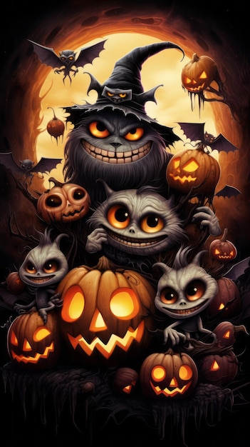 Urocze Halloweenowe potwory z dyniami i nietoperzami