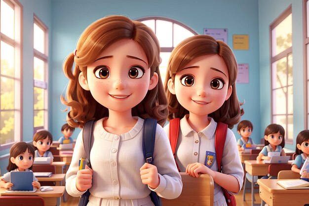 Urocze i słodkie dziewczynki ze szkolnym tłem ilustracja 3d