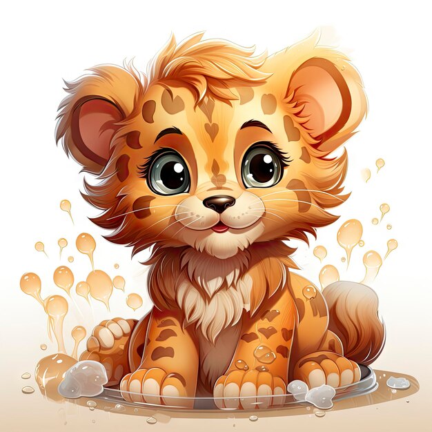 Urocze ilustrowane lwie młode biorące kąpiel z bąbelkami prezentujące zabawną niewinność i żywe szczegóły