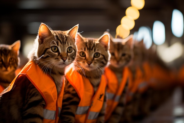 Zdjęcie urocze koty pomagające robotnikom w fabryce samochodów