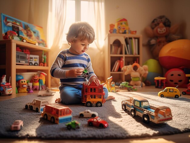 Urocze małe dziecko bawiące się zabawkami, siedząc na dywanie w salonie, wygenerowało sztuczną inteligencję