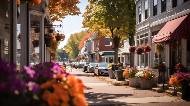 Zdjęcie urocze miasto w nowej anglii jesienią z jesiennymi kwiatami