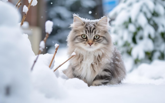 Urocze spotkanie kotka z płatkami śniegu