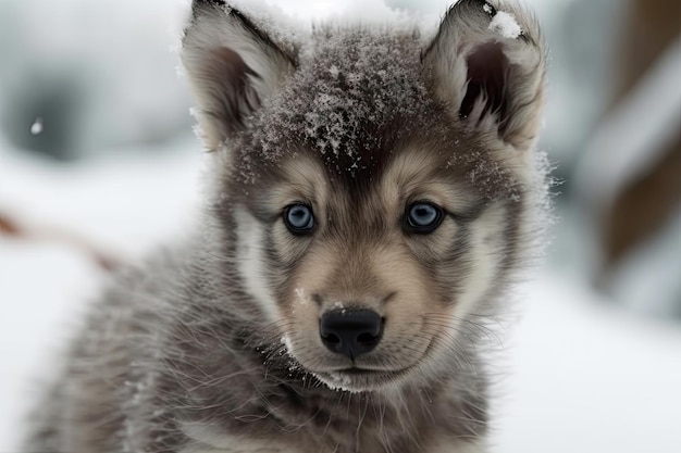Urocze szczenię wilka bawiące się w zimowej krainie czarów