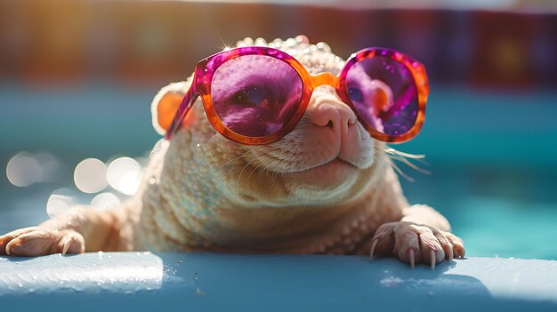 Zdjęcie urocze zwierzę w okularach przeciwsłonecznych i siedzące w wannie z hydromasażem z bąbelkami