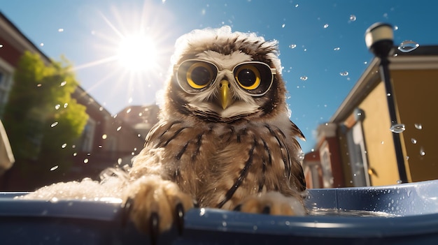 Zdjęcie urocze zwierzę w okularach przeciwsłonecznych i siedzące w wannie z hydromasażem z bąbelkami