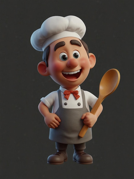 Uroczy 3D wizualizacja szefa kuchni z odrobiną mąki na nosie delikatnie uśmiechającego się do drewnianej łyżki