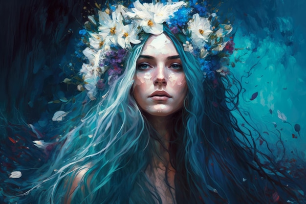 Uroczy abstrakcyjny portret pięknej kobiety z długimi, płynącymi niebieskimi włosami, koroną kwiatów.
