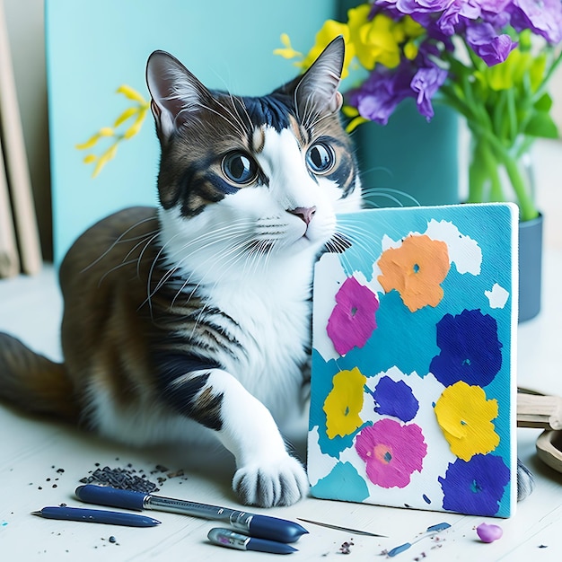 Uroczy artystyczny kot Malarstwo abstrakcyjne malarstwo za pomocą pędzla i kreatywnego artysty-zwierzaka Wygenerowano sztuczną inteligencję