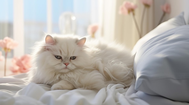 Uroczy biały puszysty kot leży na łóżku w domu rano