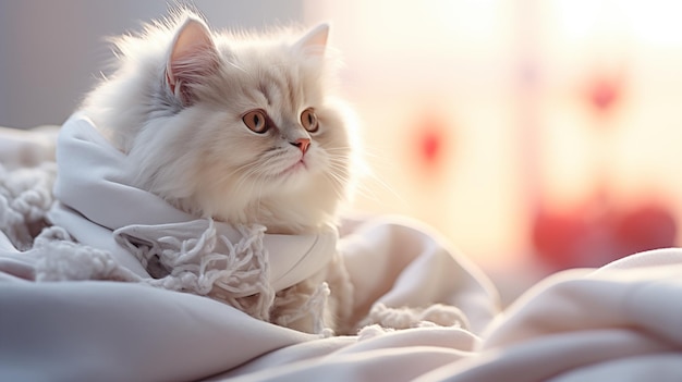 Uroczy biały puszysty kot leży na łóżku w domu w świetle dziennym, patrząc w stronę