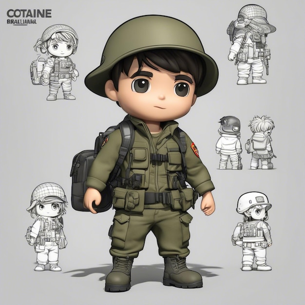 Zdjęcie uroczy chłopiec, żołnierz armii chibistyle 3d, z bronią i kurtką, korzystający z plecaka
