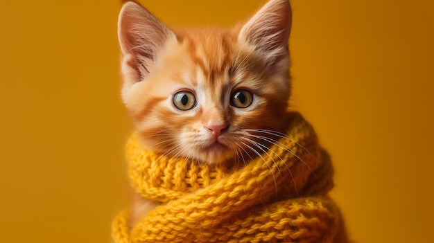 Uroczy czerwony kotek portret owinięty w dzianinowy szalik pozowanie na żółtym kocu
