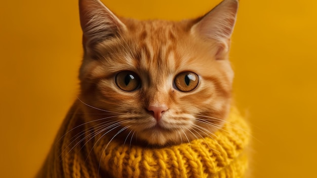 Uroczy czerwony kotek portret owinięty w dzianinowy szalik pozowanie na żółtym kocu