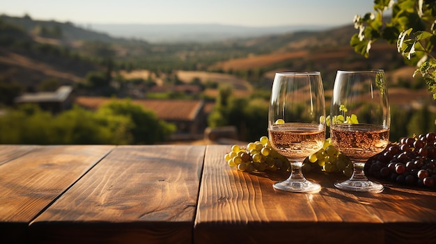 Zdjęcie uroczy drewniany stół z kieliszkiem wina na zamazanej powierzchni