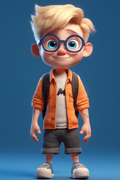 uroczy fullbody chłopiec blond niebieskie oczy nerd styl mały styl 3D pixar render 4k digital_