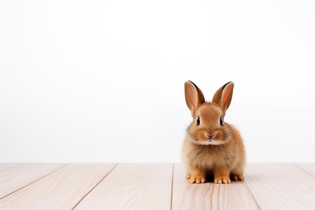 Zdjęcie uroczy futrzany króliczek wielkanocny na drewnianym stole na białym tle