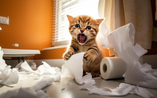 Uroczy kociak angażujący się w szaleństwa związane z papierem toaletowym
