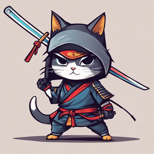 Uroczy kot, samuralny wojownik ninja, kot z motywem koszulki z mieczem