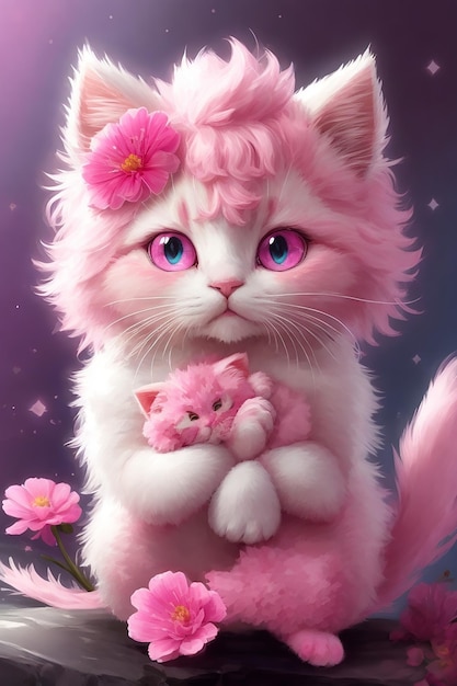 Uroczy kot używający szokującego różowego i białego wyrażenia Healing