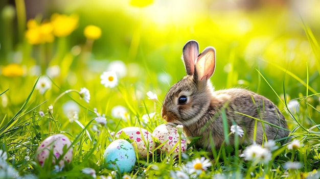 Uroczy królik z jajkami wielkanocnymi na kwiatowym łące