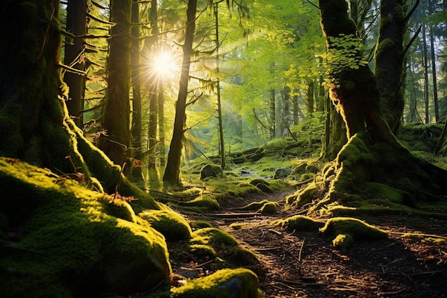 Uroczy las pokryty mchem, w którym światło słoneczne przenika przez drzewa