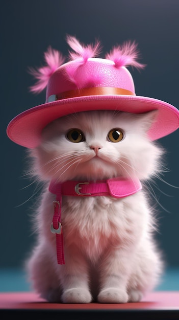 Uroczy mały kot w różowo-białym kapeluszu w kolorowym stylu animacji Generowany przez AI