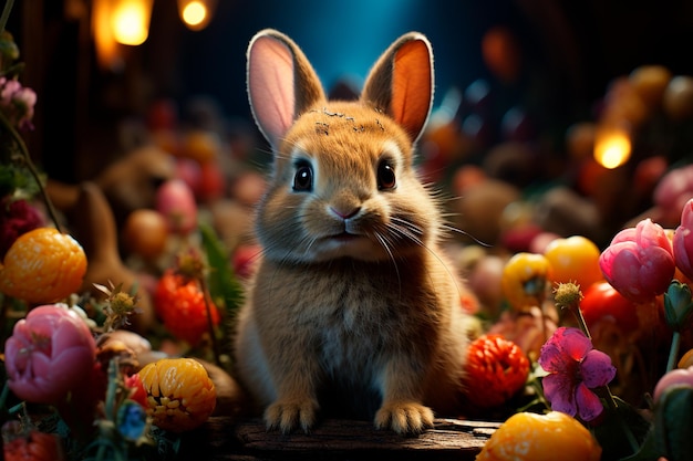uroczy mały króliczek z kolorowymi jajkami w ogrodzie na świeżym powietrzu Wesołych Świąt