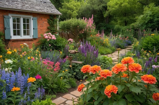 Uroczy ogrodowy domek z tętniącymi życiem kwiatami