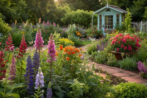 Uroczy ogrodowy domek z tętniącymi życiem kwiatami